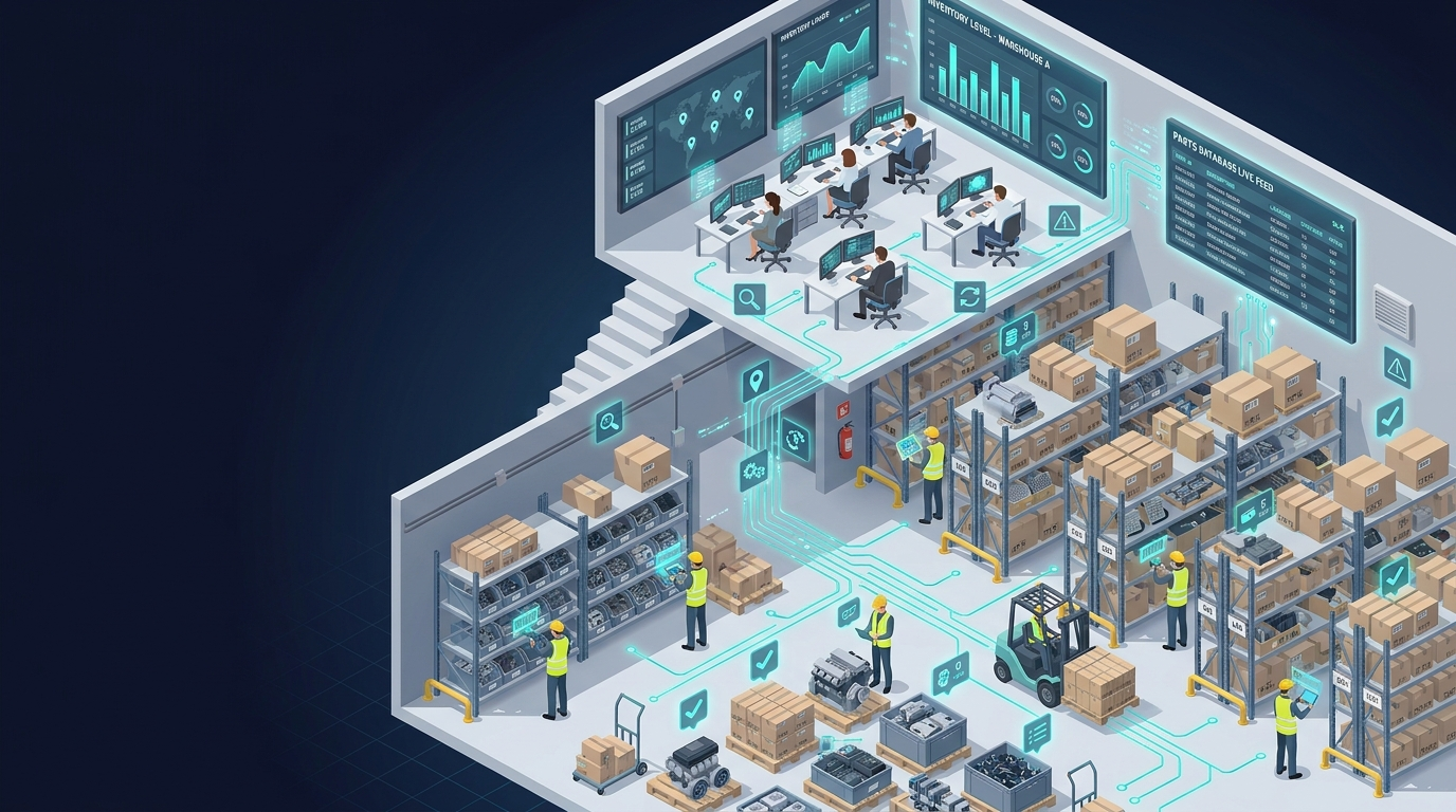 Connected inventory operations workspace with warehouse shelves, live dashboards, and field supply activity.