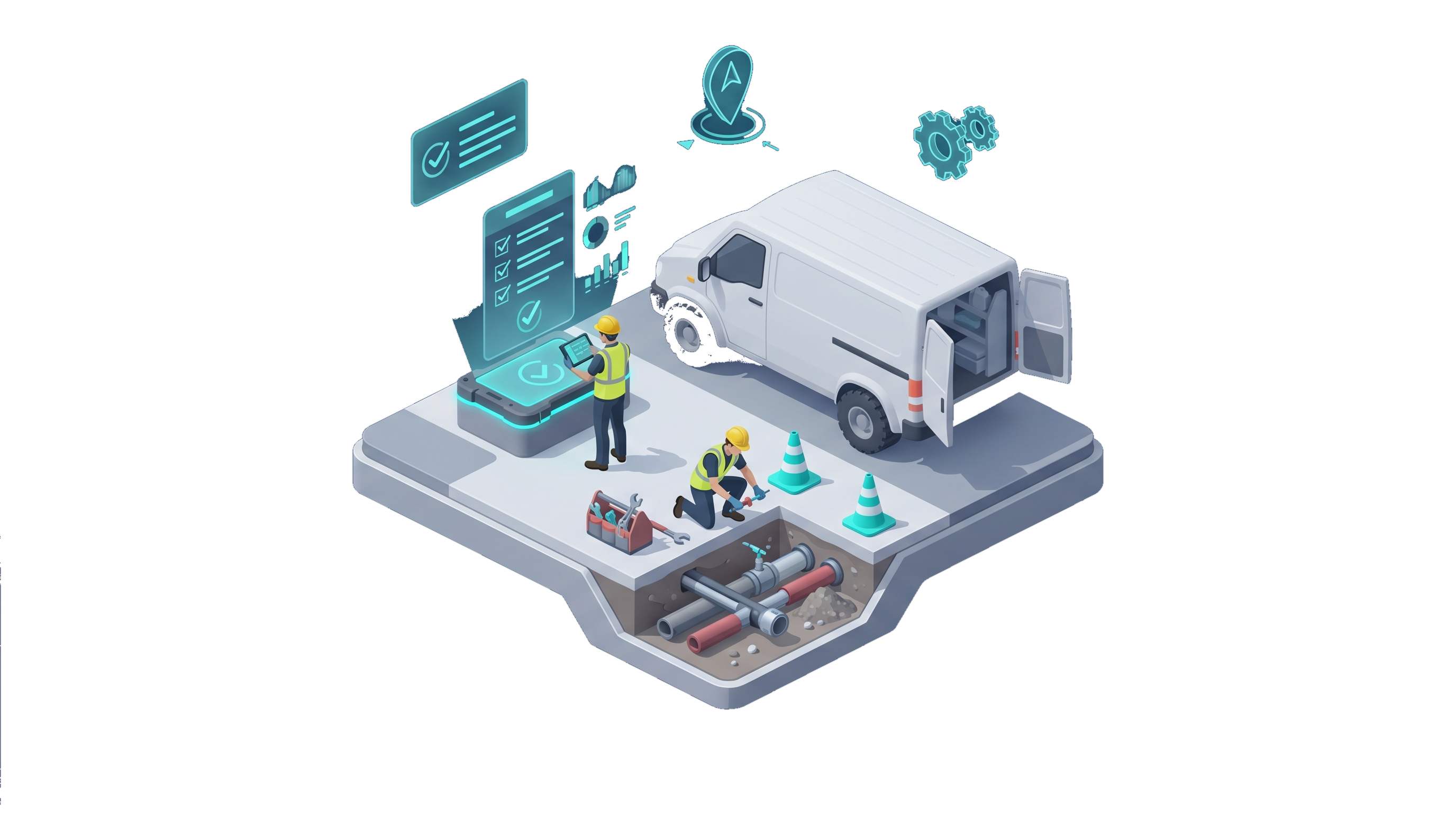 Illustration of work orders and field operations managed from mobile devices